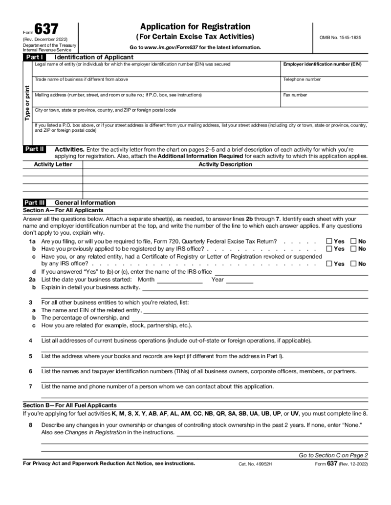 Form 637, Application for Registration (For Certain Excise Tax Activities)