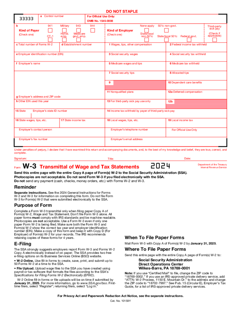 Form W-3 - Transmittal of Wage and Tax Statements