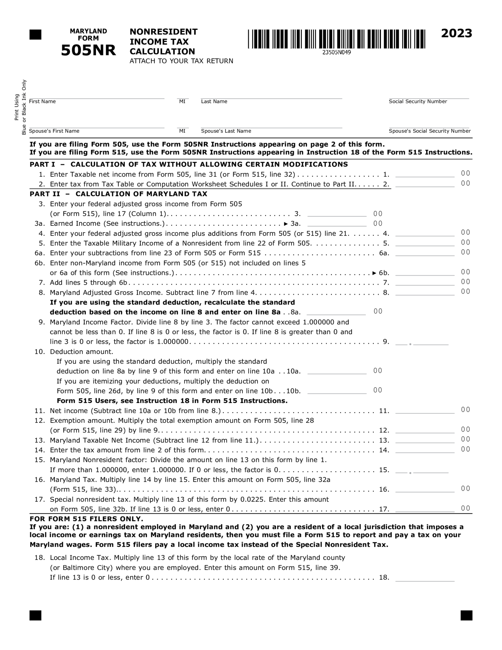 Maryland Tax Form 505NR Nonresident Income Tax Calculation - Thumbnail