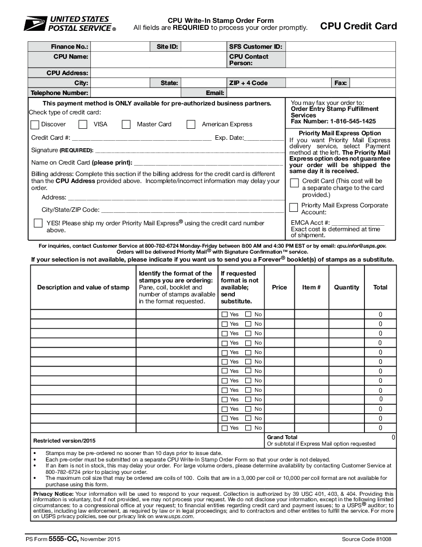 CPU Credit Card Stamp Order Form