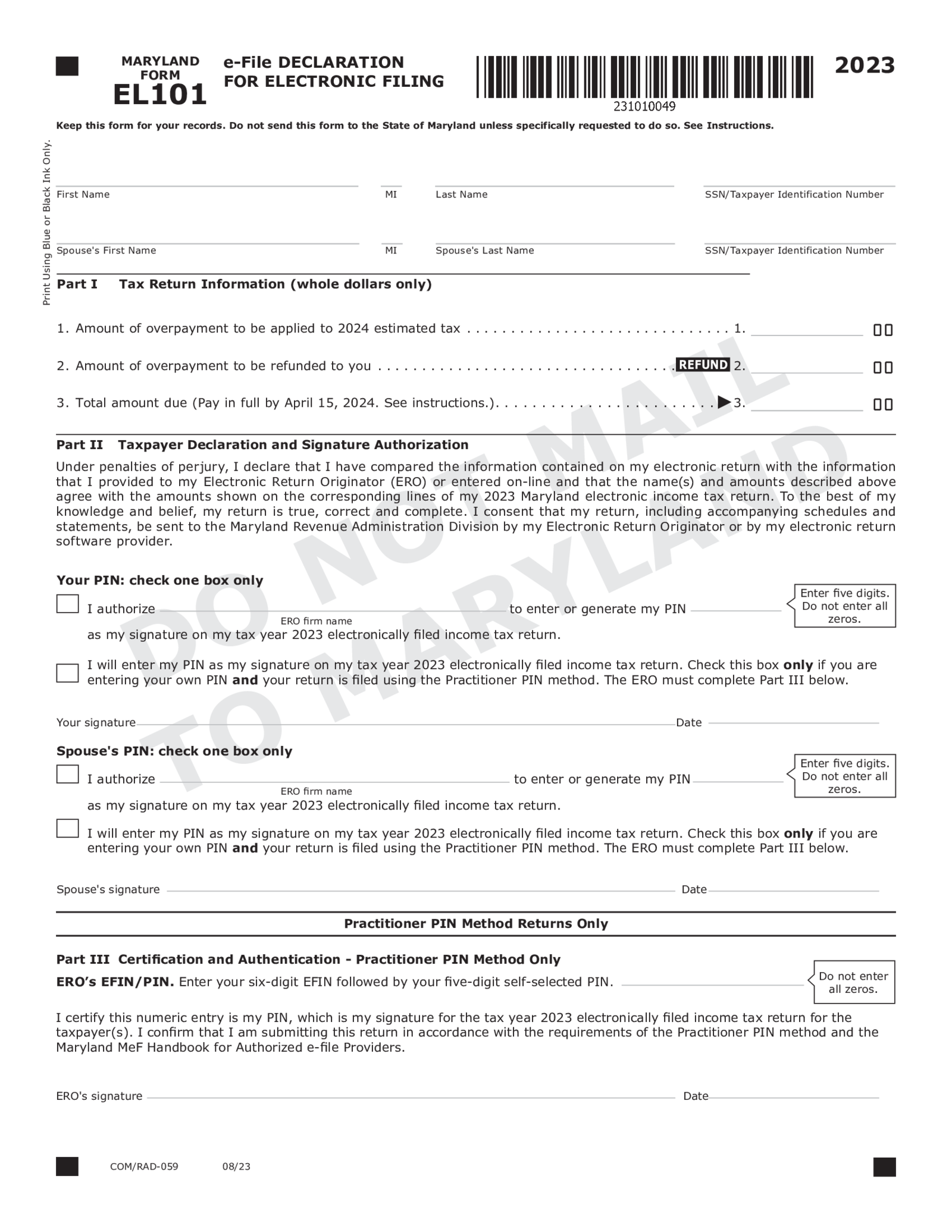 Maryland Form EL101 - Thumbnail