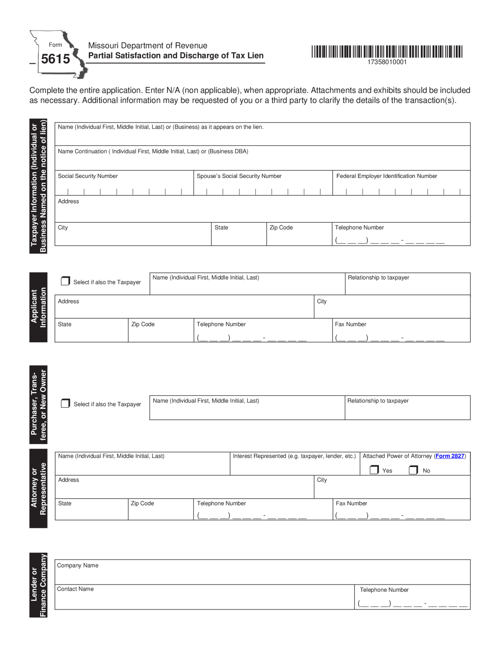 Form 5615 - Partial Satisfaction and Discharge of Tax Lien - Thumbnail