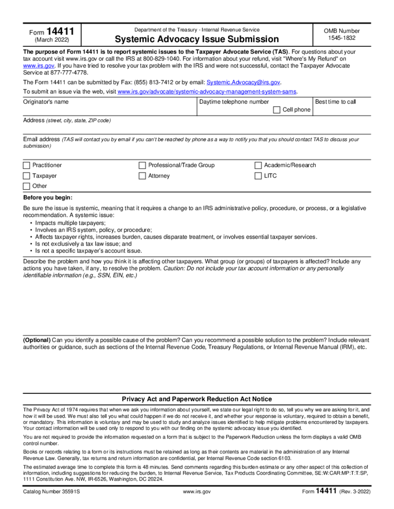 Form 14411, Systemic Advocacy Issue Submission