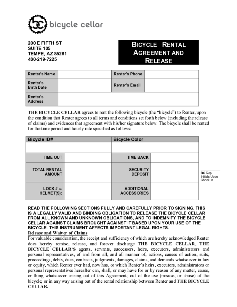 Bicycle Rental Agreement Template