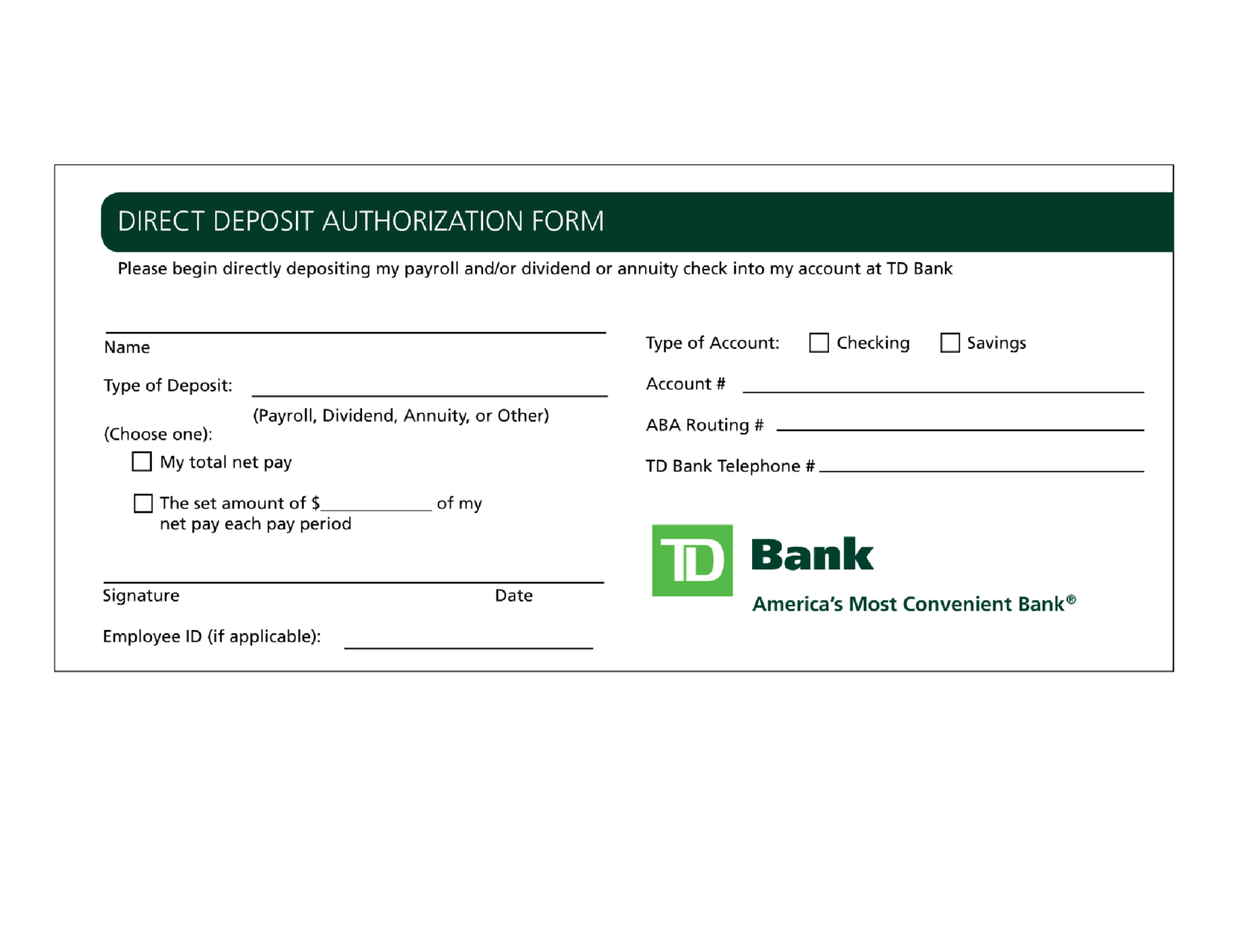 TD Bank Direct Deposit Authorization Form - Thumbnail