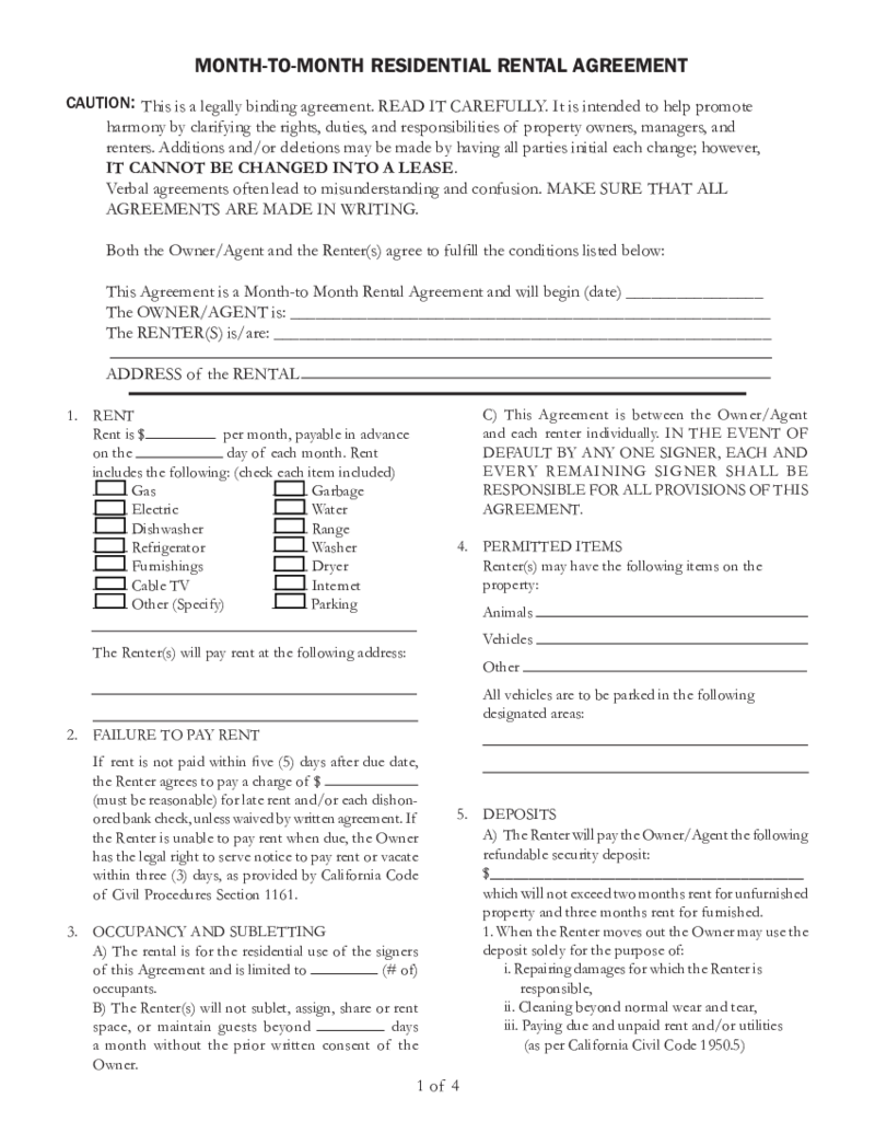 Simple California Month to Month Rental Agreement