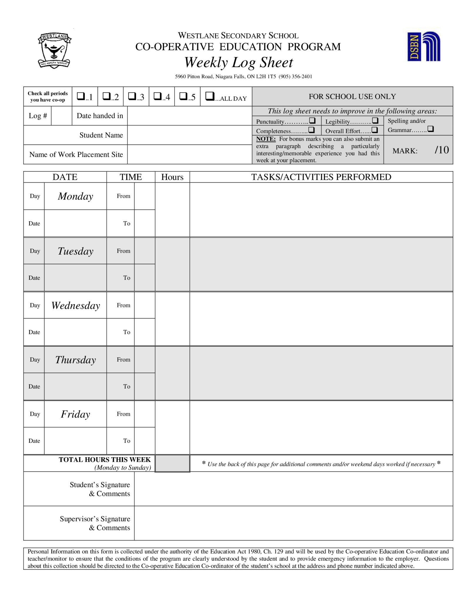 Weekly Log Sheet Template - Thumbnail