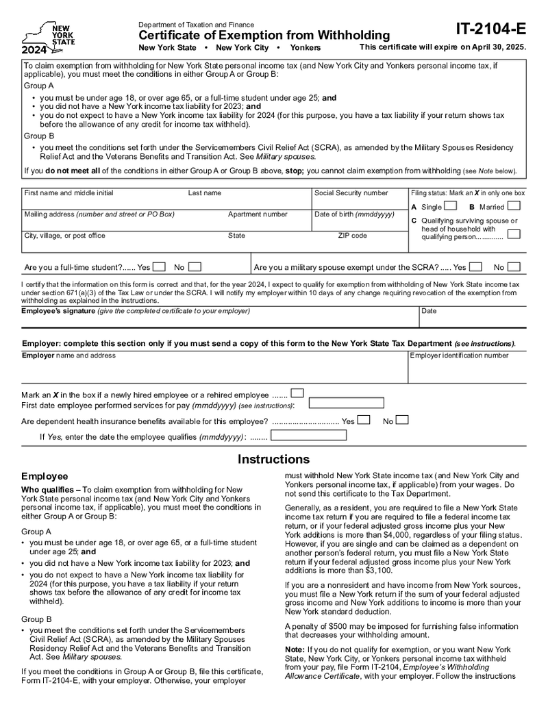 New York Form IT-2104-E