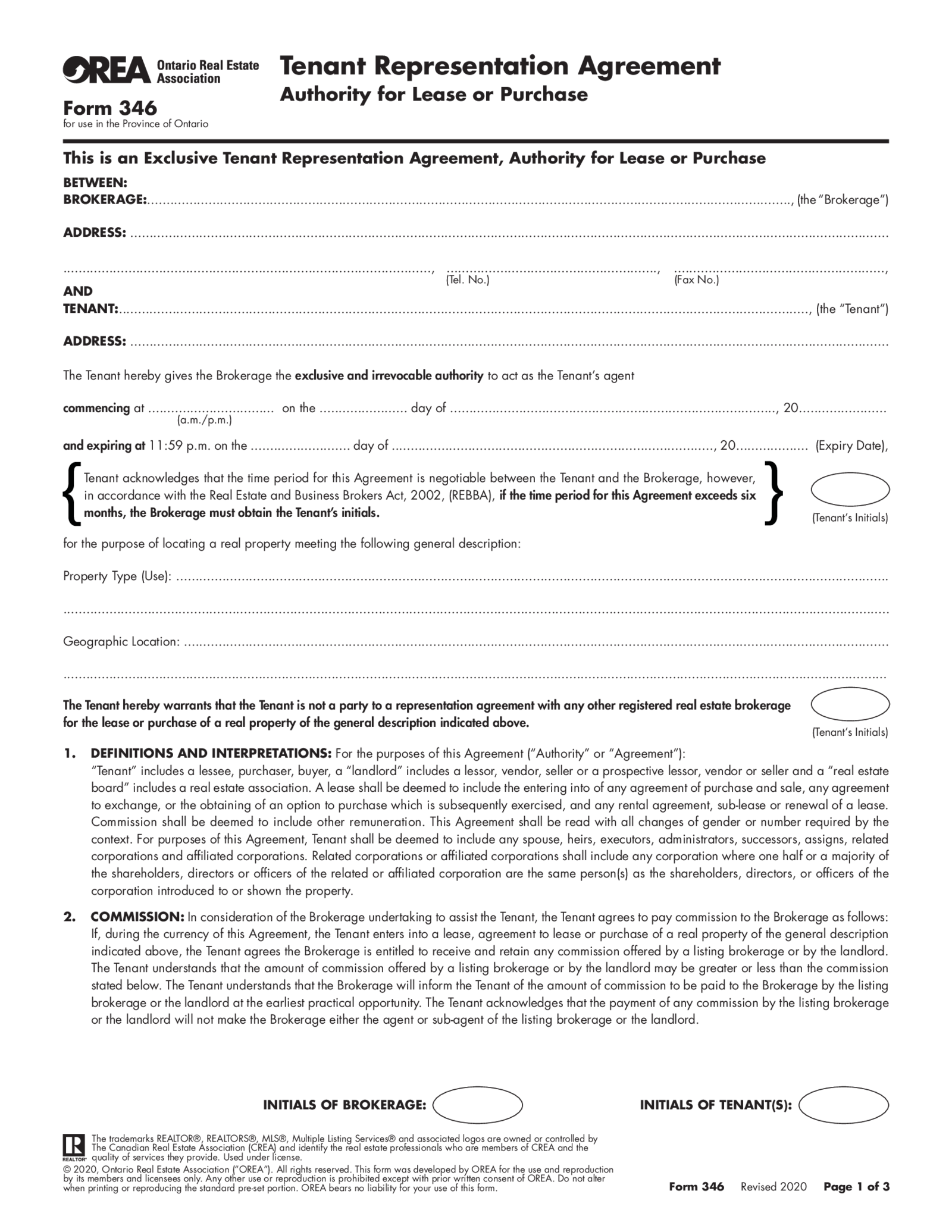 OREA Form 346, Tenant Representation Agreement - Thumbnail