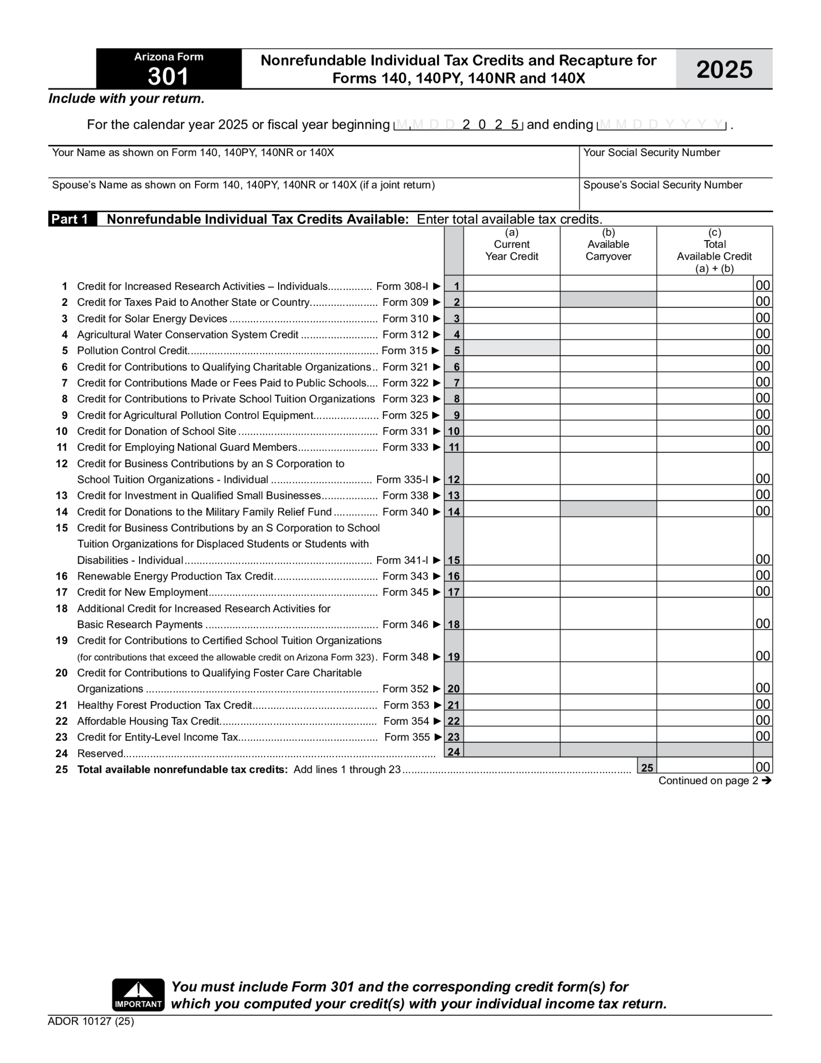 Arizona Form 301 - Thumbnail