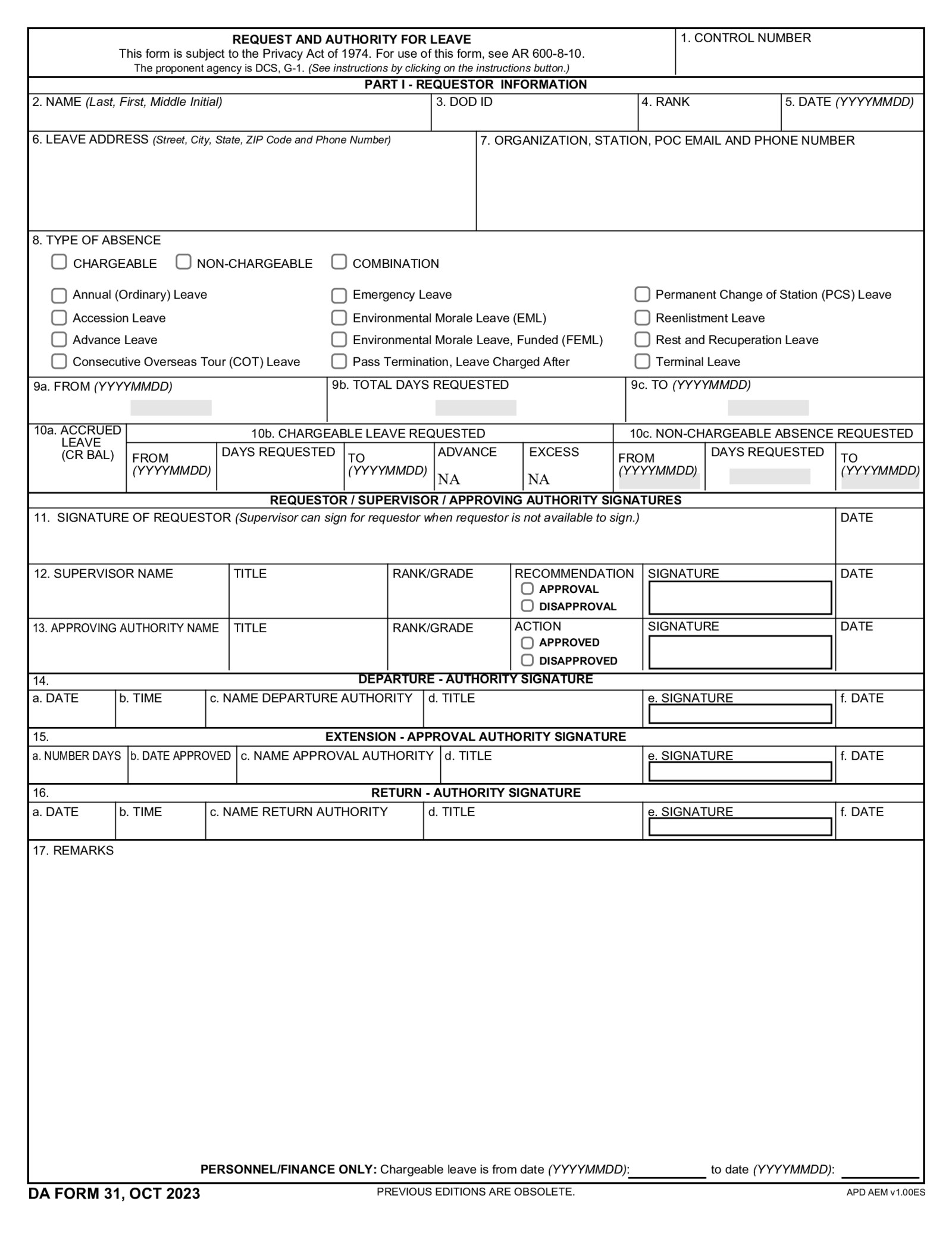 DA 31 Army Leave Form 2023 - Thumbnail