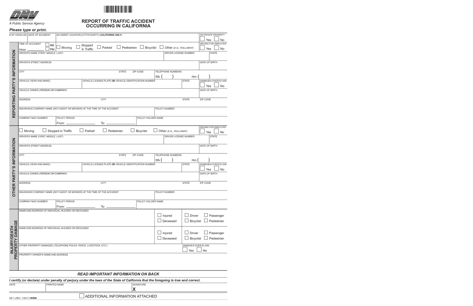 California DMV SR 1 Form - Report of Traffic Accident - Thumbnail