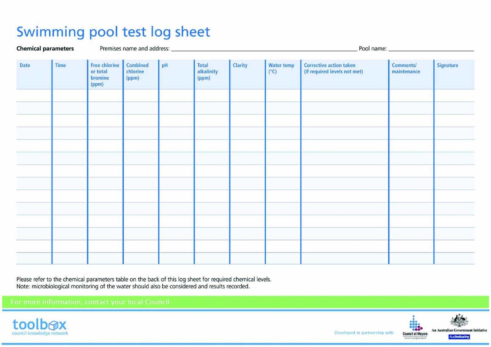 Swimming Pool Log Sheet - Thumbnail