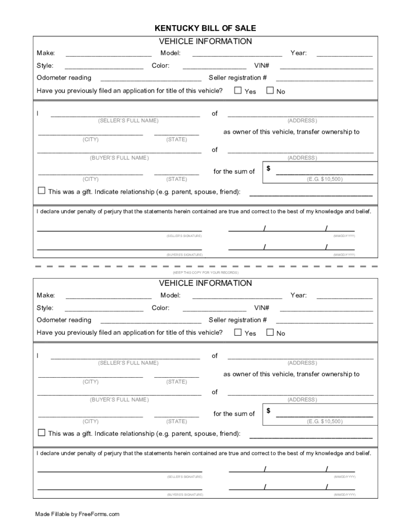 Kentucky Vehicle Bill of Sale