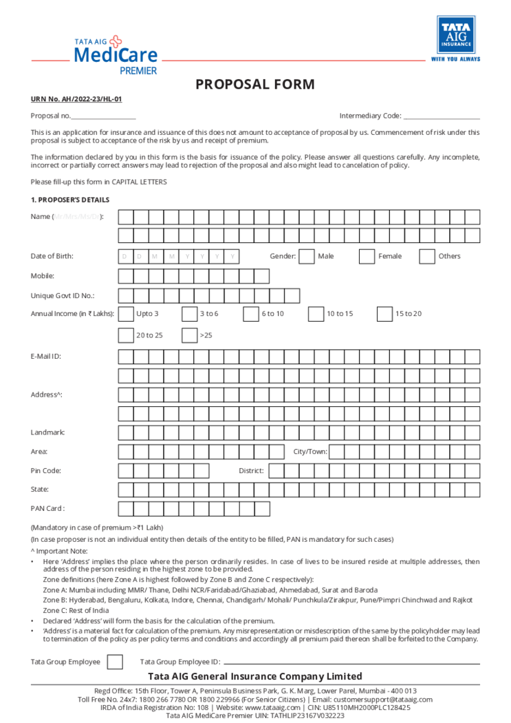 TATA AIG Proposal Form