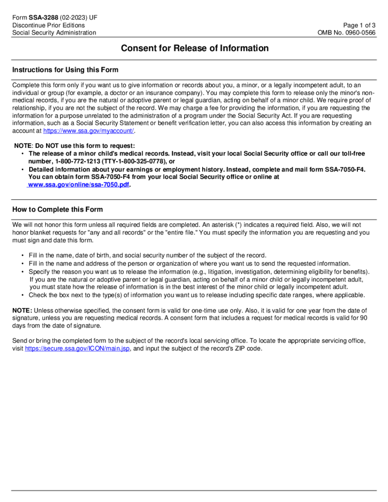 SSA-3288, Consent for Release of Information