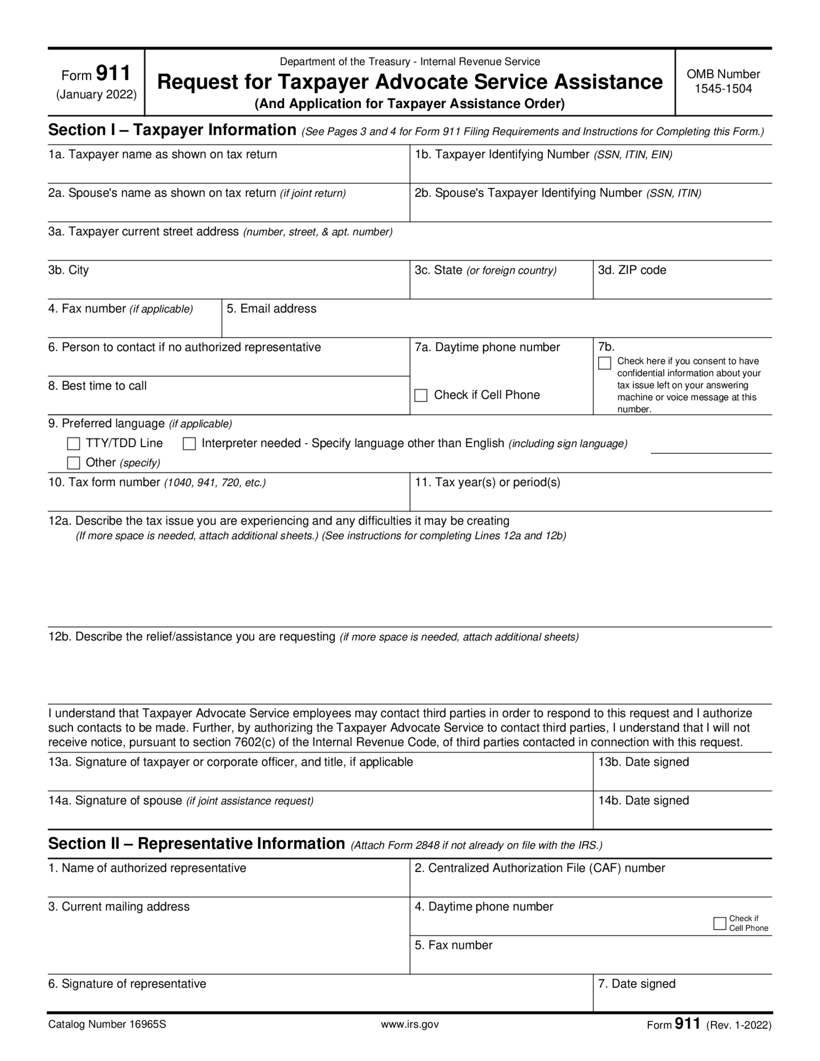  Request for Taxpayer Advocate Service Assistance, Form 911 - Thumbnail