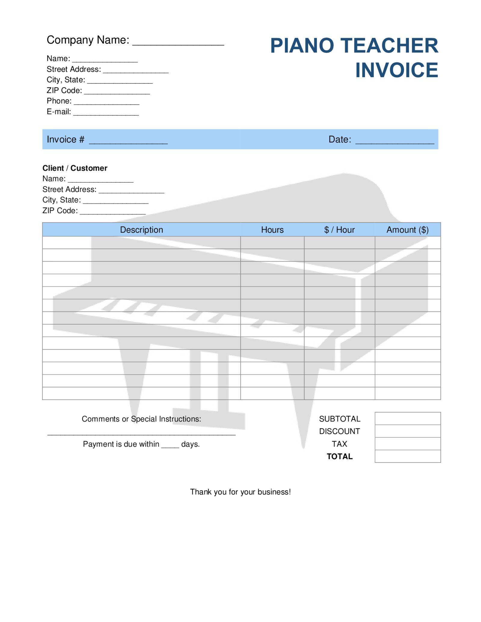 Piano Teacher Invoice Template - Thumbnail