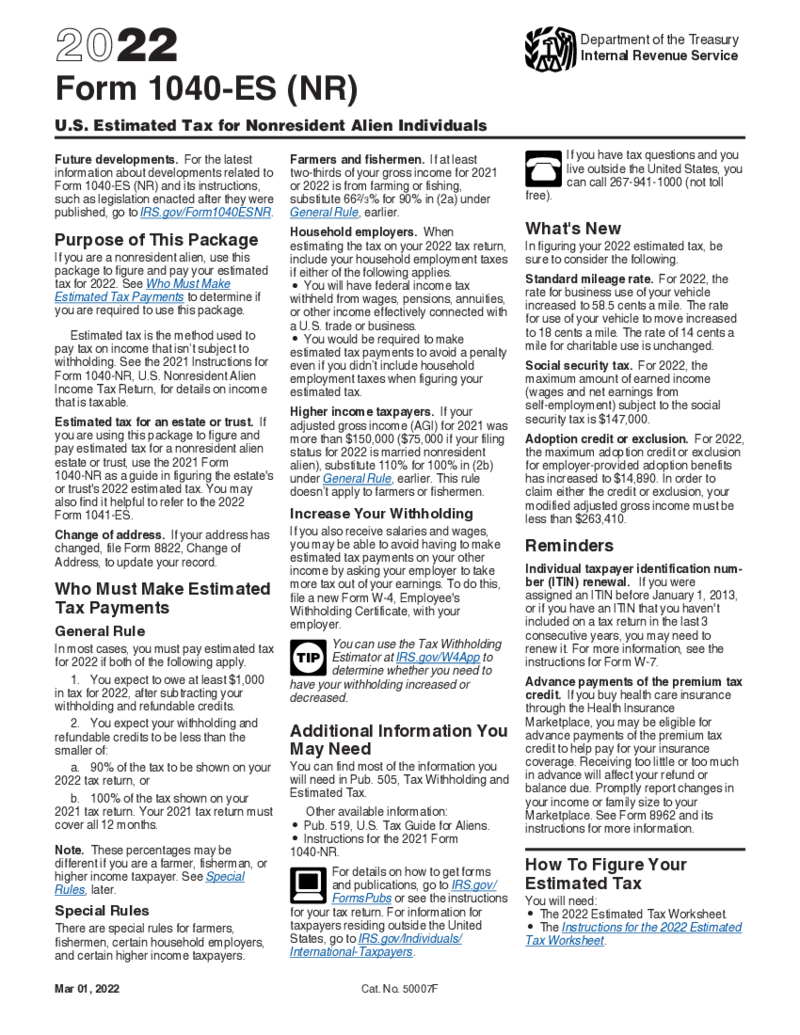 Form 1040-ES (NR) (2022)