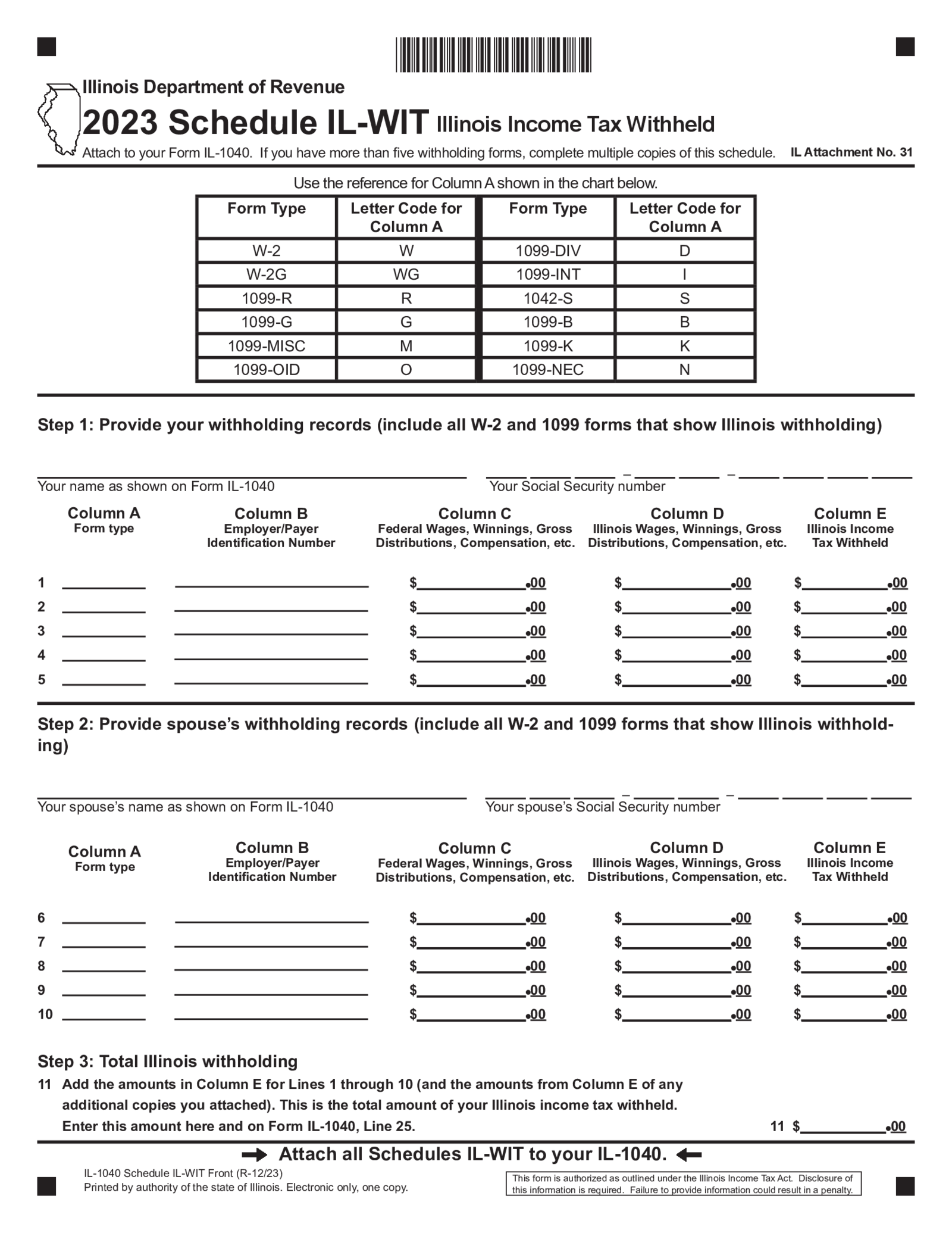 Illinois Tax Form 1040 Schedule IL-WIT - Thumbnail