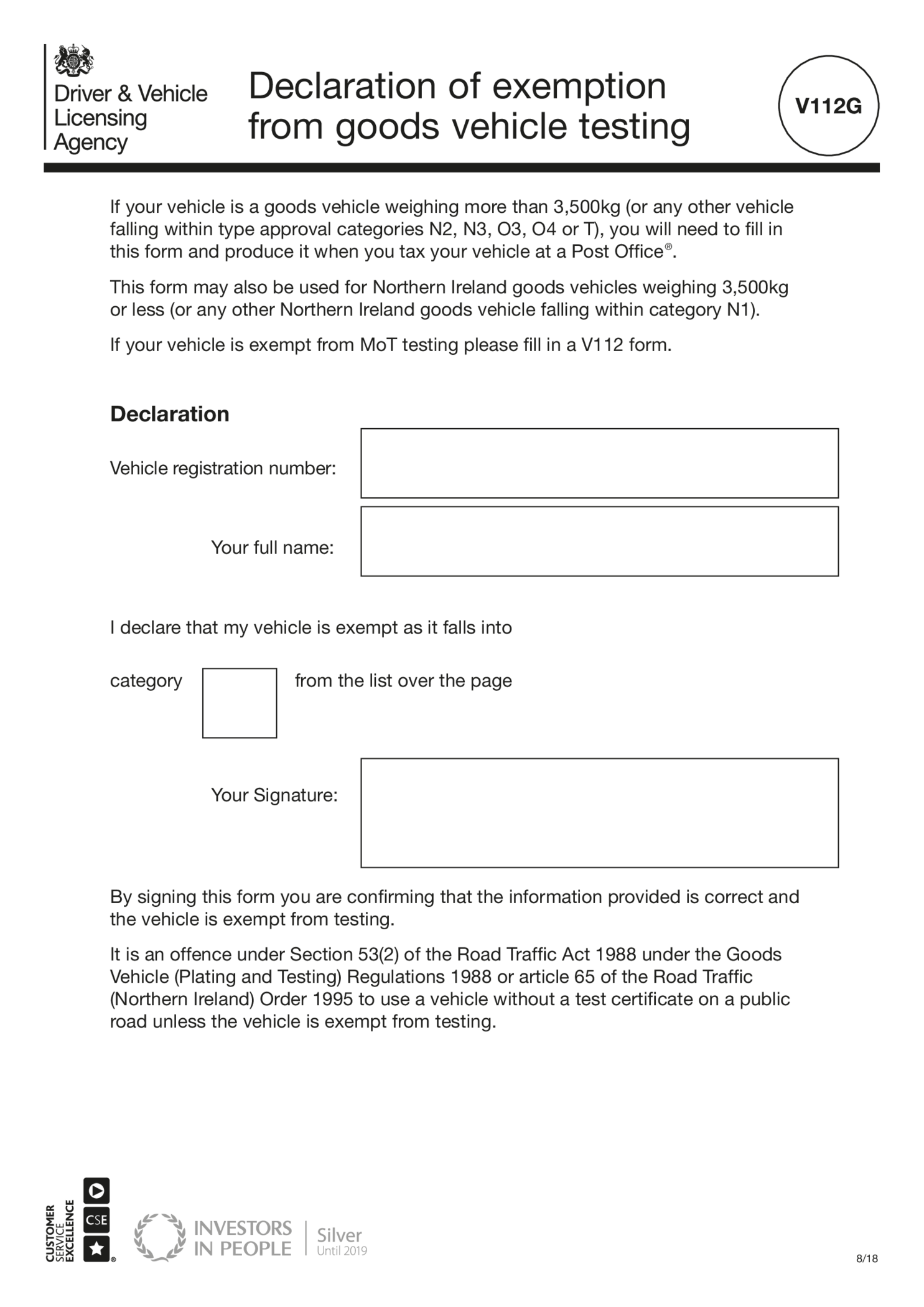 Form V112G Exemption From Heavy Goods Vehicle Annual Testing - Thumbnail