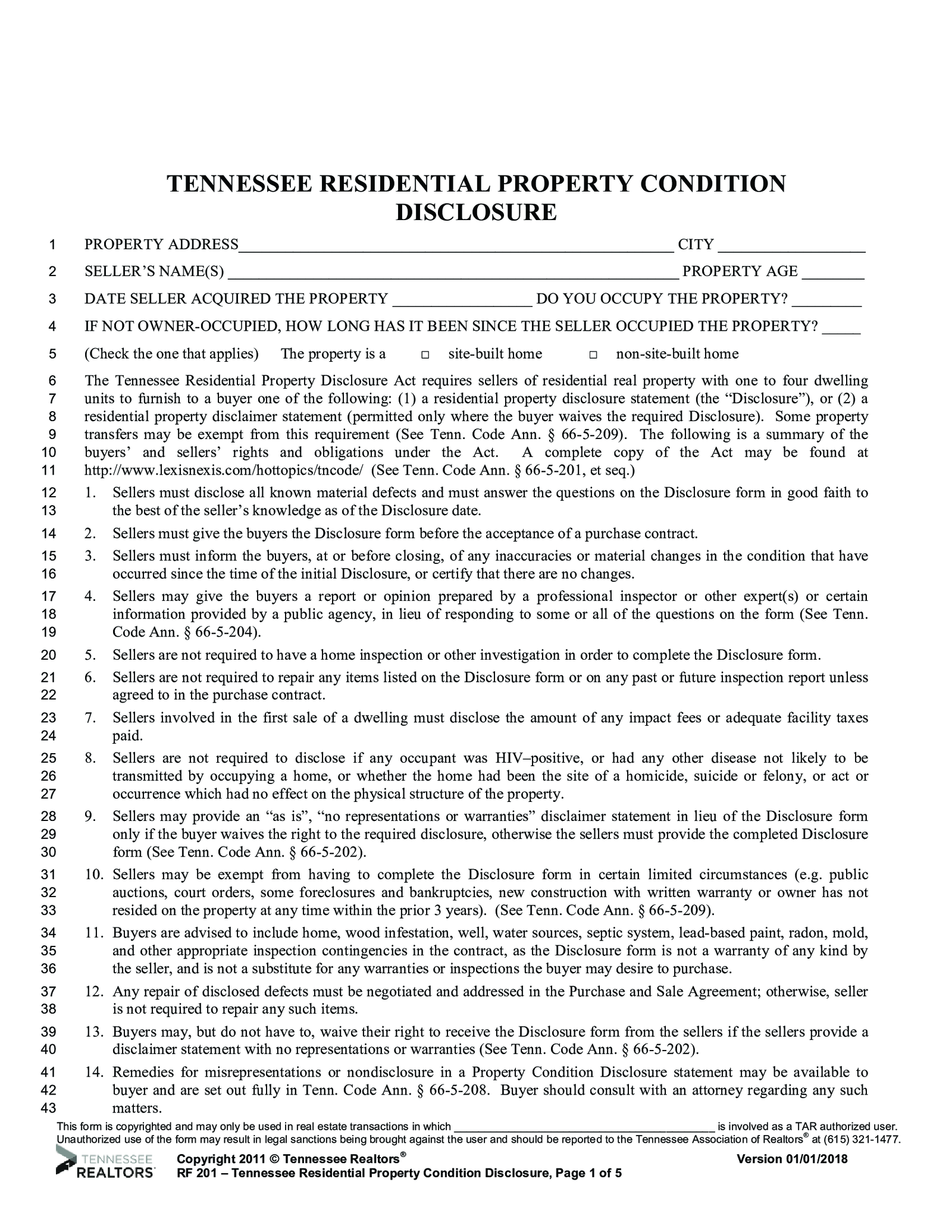 Form RF 201 Tennessee Residential Property Condition Disclosure - Thumbnail