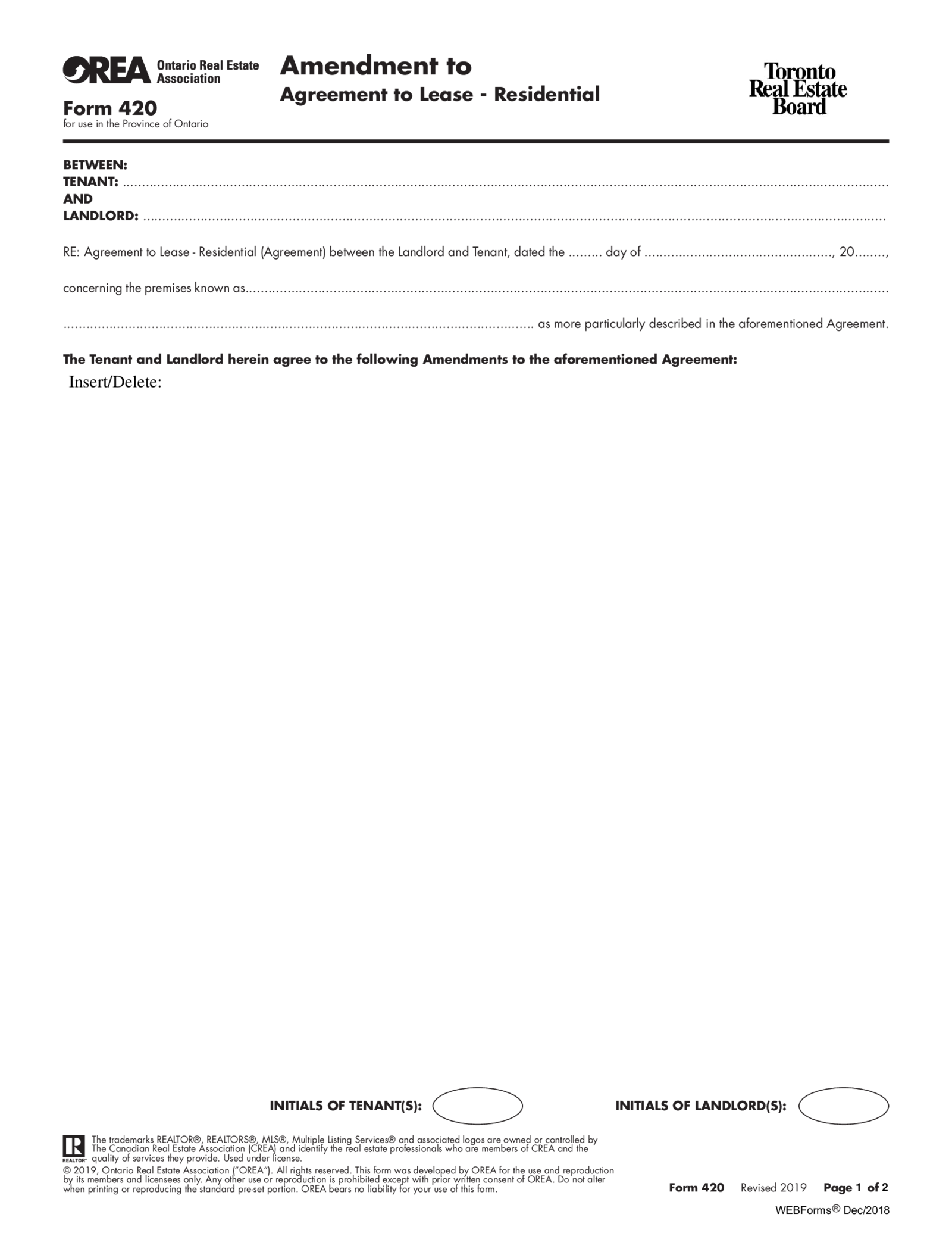 OREA Form 420, Amendment to - Agreement to Lease - Residential - Thumbnail