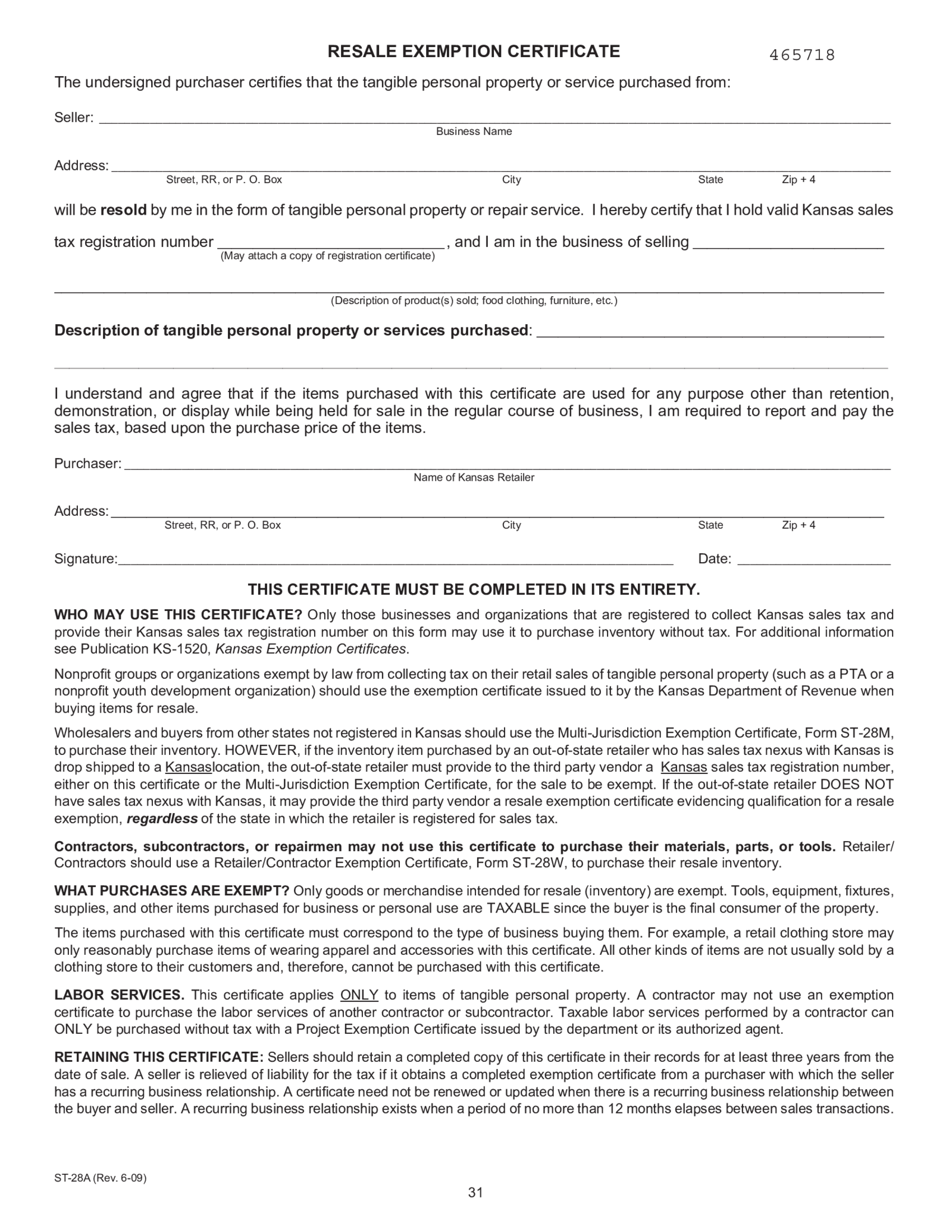 Kansas Resale Exemption Certificate - Thumbnail