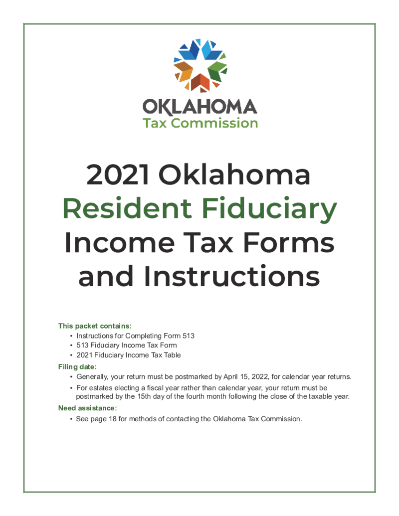 Form 513 Oklahoma Resident Fiduciary Income Tax Return Packet and Instructions