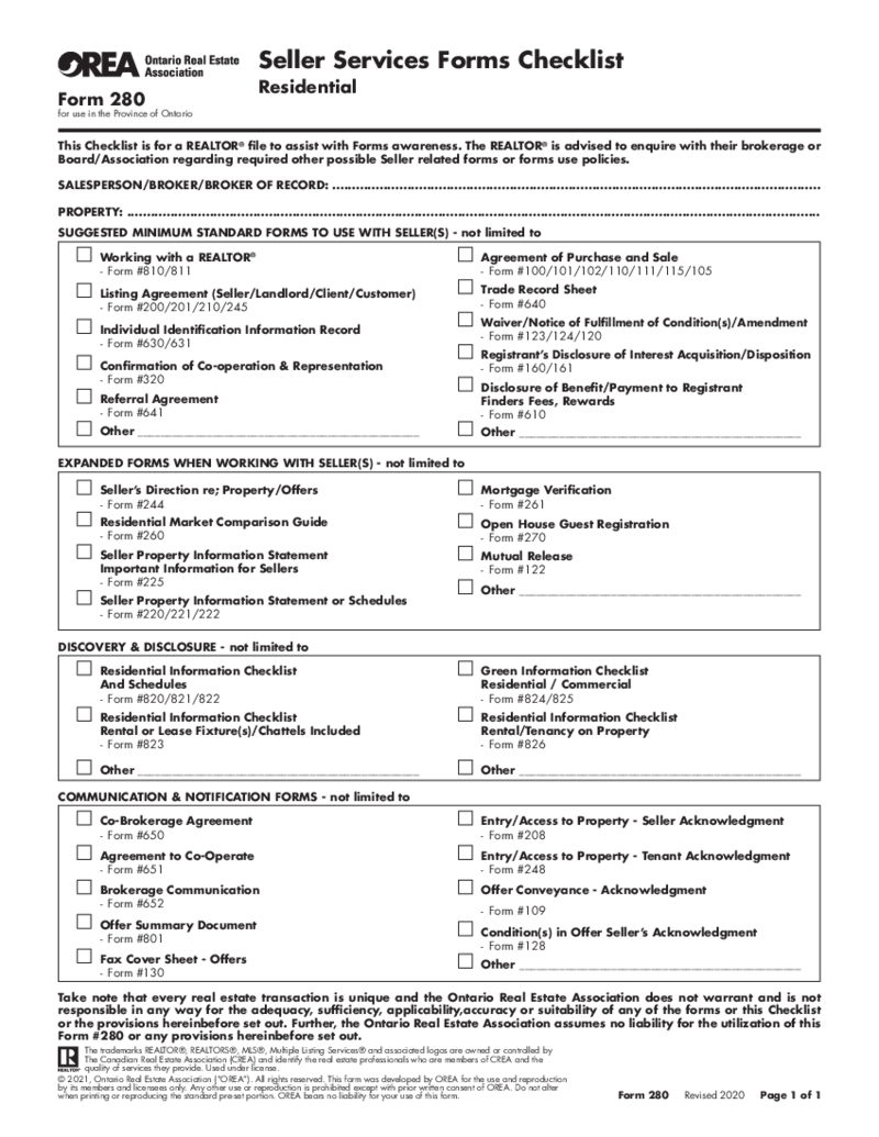 Form 280, Seller Services Forms Checklist - Residential