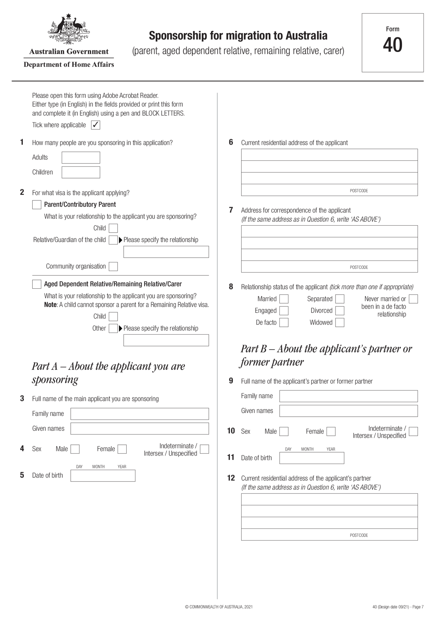 Form 40SP - Sponsorship for a partner to migrate to Australia - Thumbnail