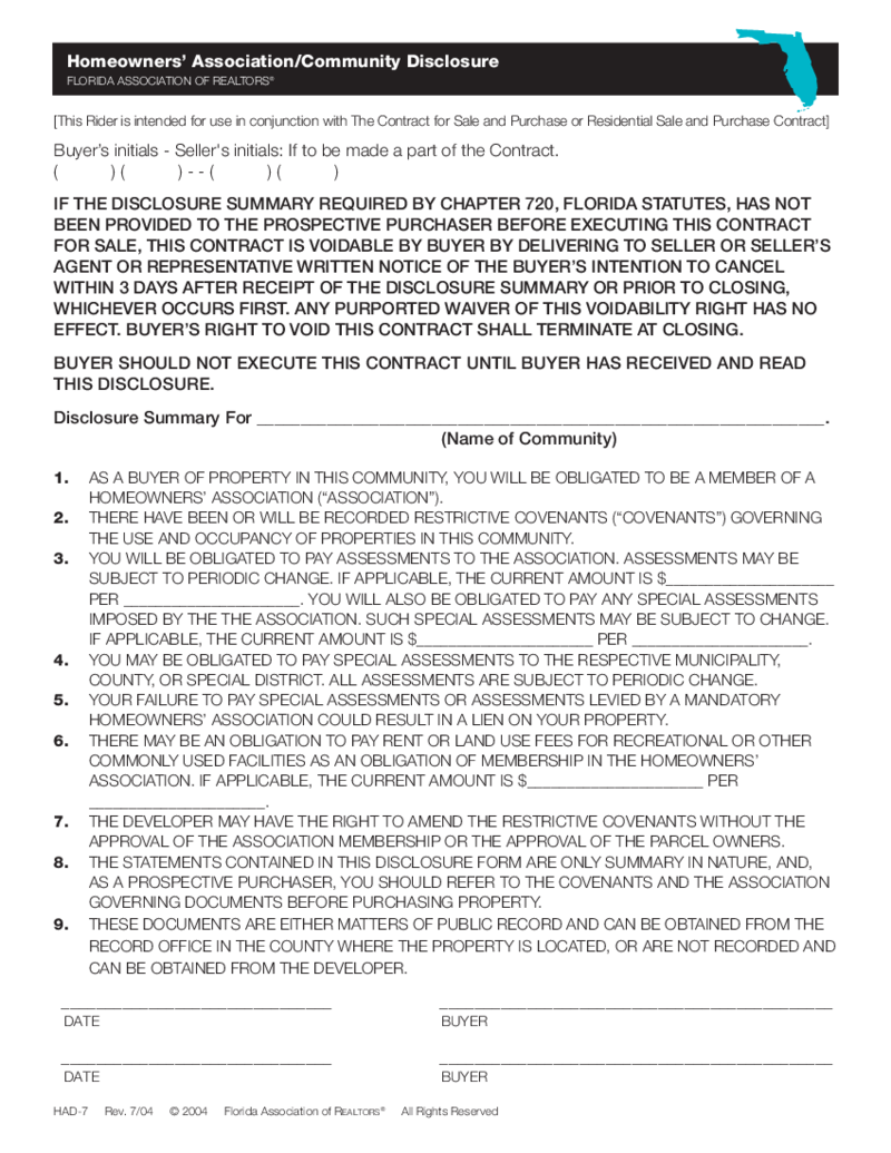 Homeowners Association Disclosure Summary