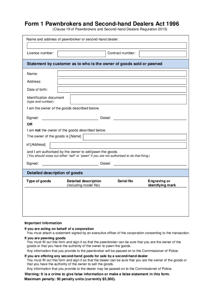 Pawn Agreement Template