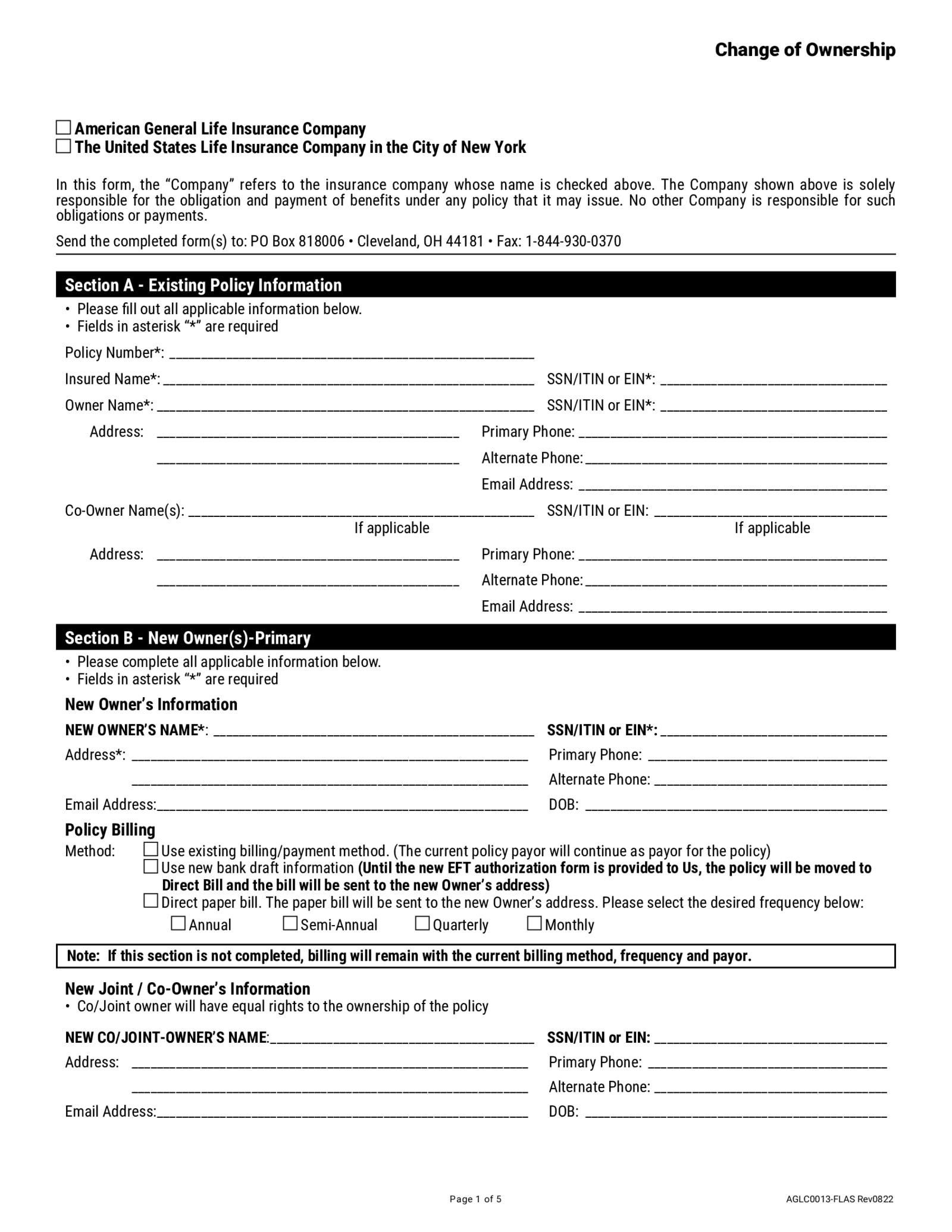 AIG Change of Ownership Form - Thumbnail