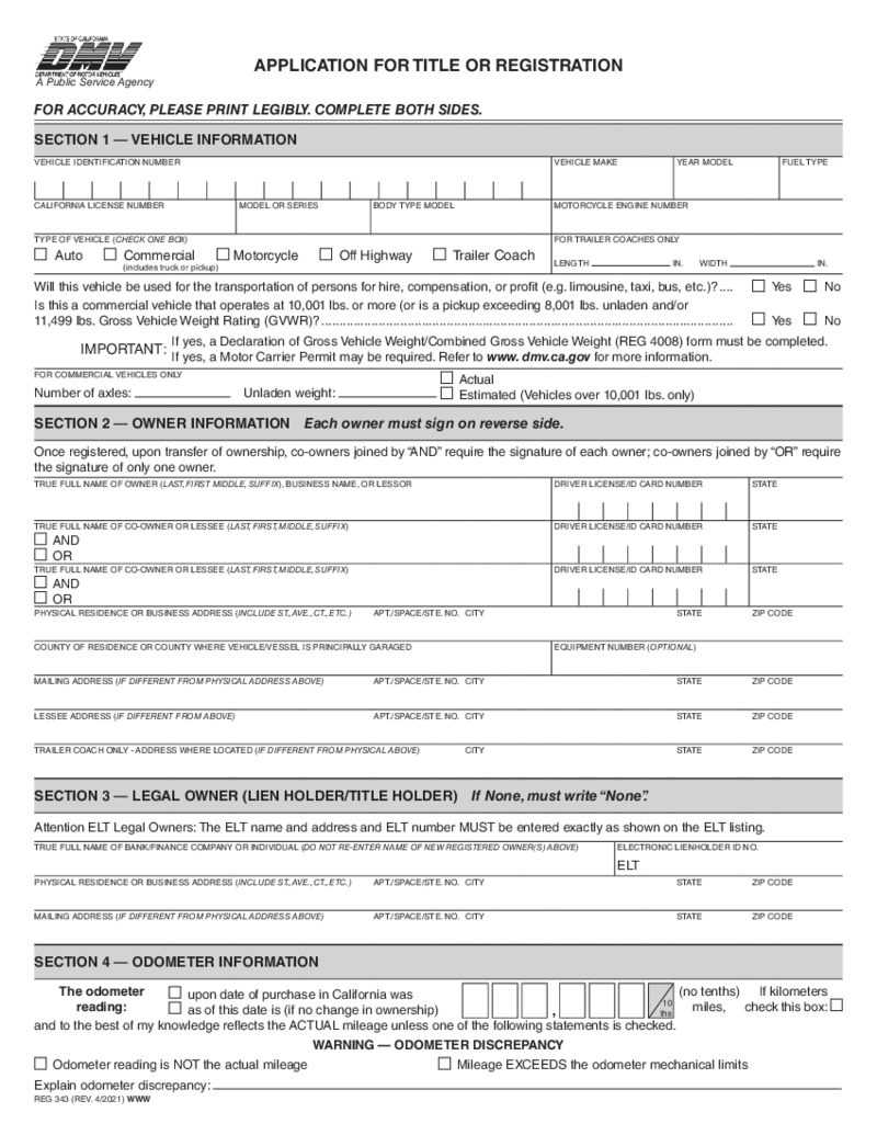 REG 343, Application for Title or Registration