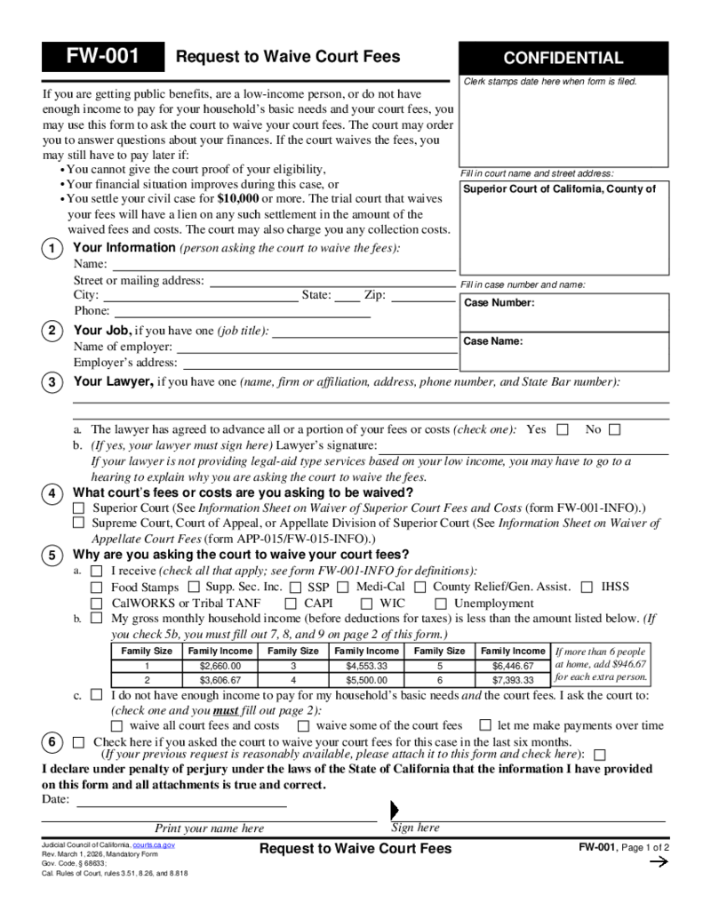 Form FW-001 Request to Waive Court Fees