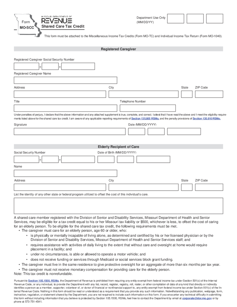 Form MO-SCC - Shared Care Tax Credit