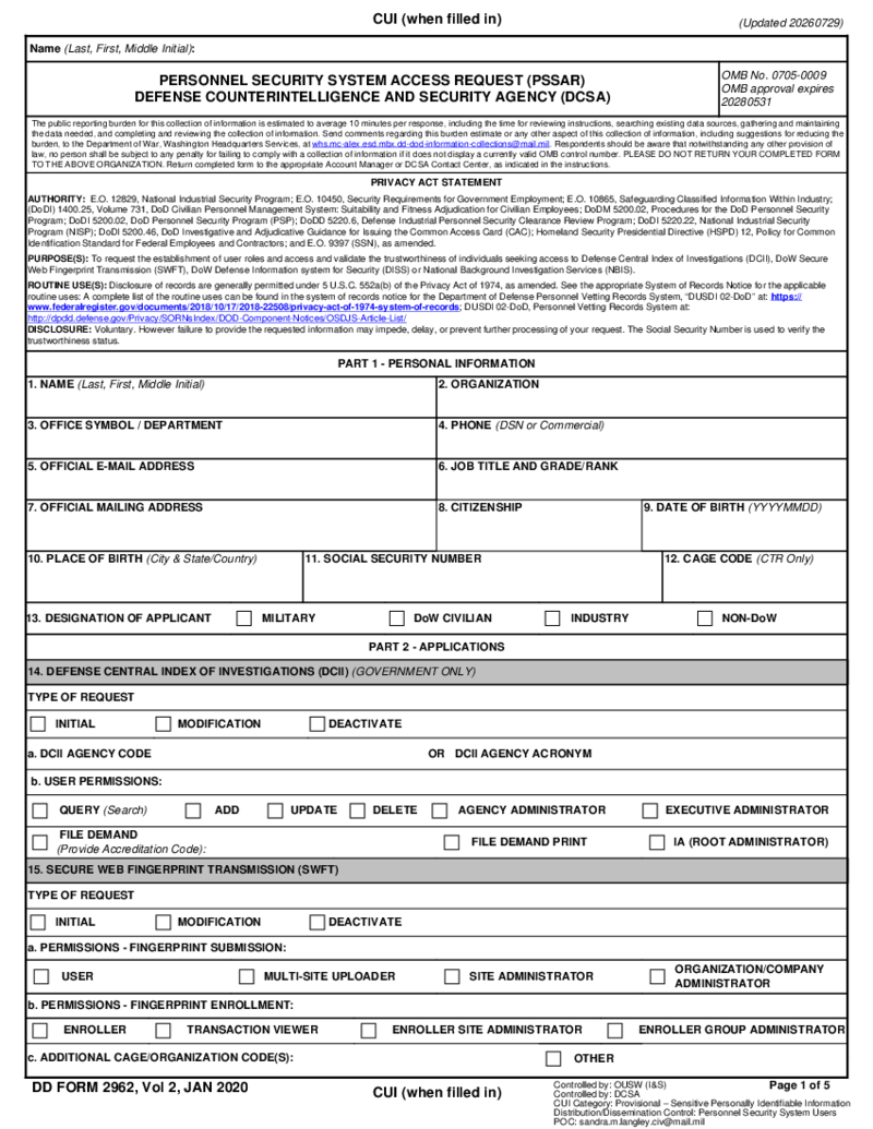 Personnel Security System Access Request (PSSAR)