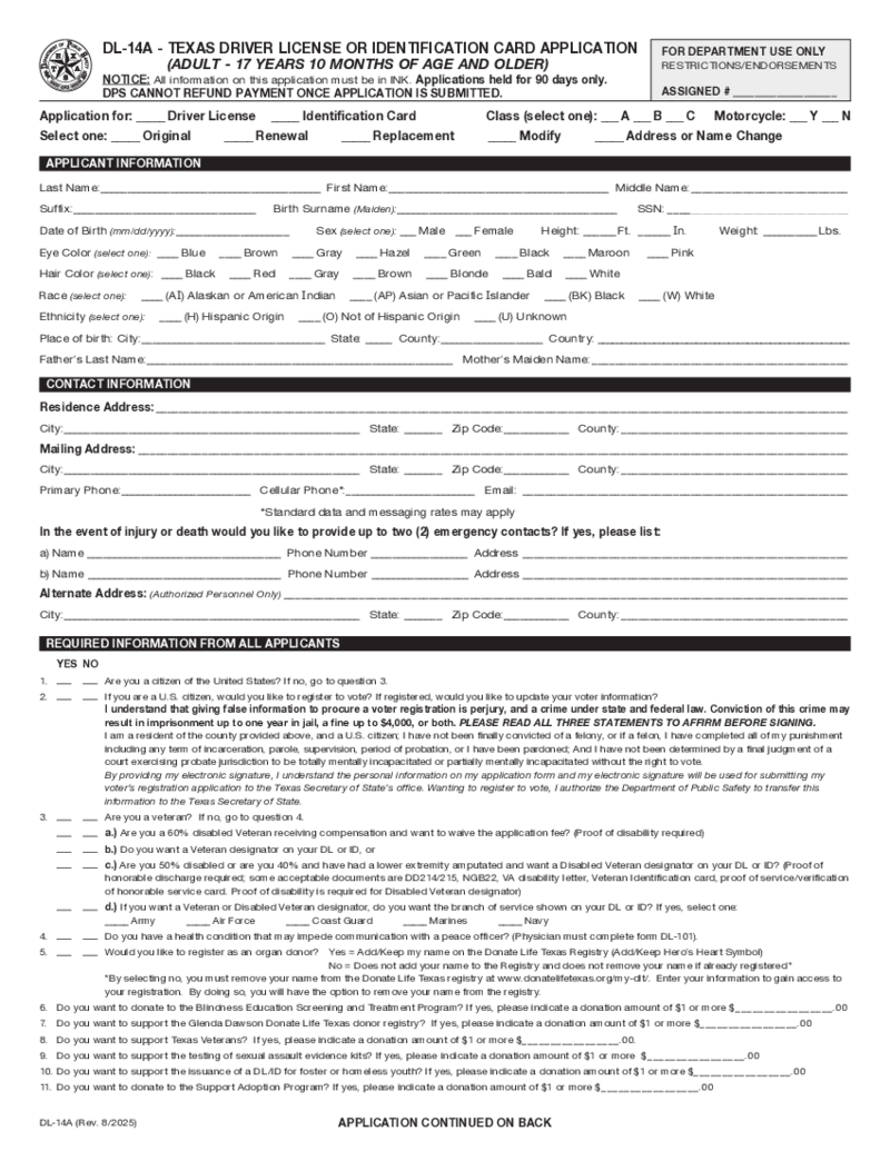 Texas Driver License Replacement - DL-14A