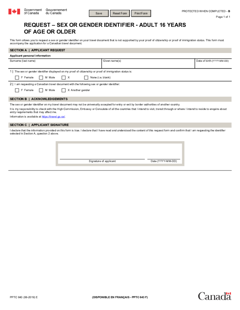 PPTC 643 E Request - Sex or Gender Identifier