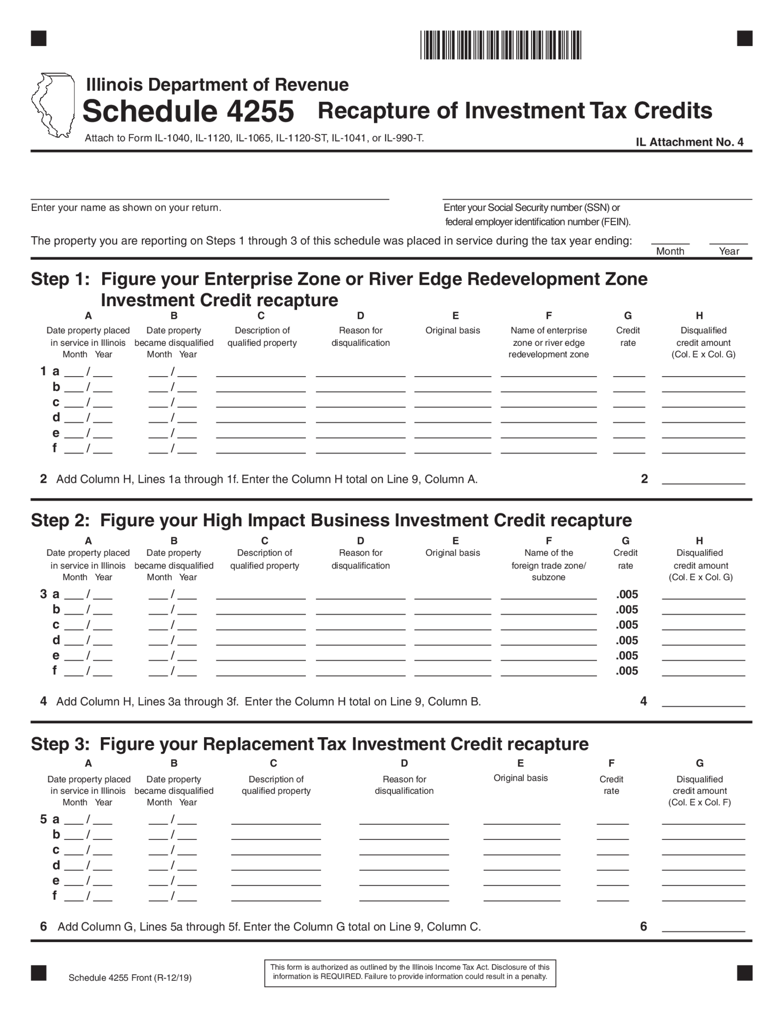 Illinois Tax Form Schedule 4255 - Thumbnail