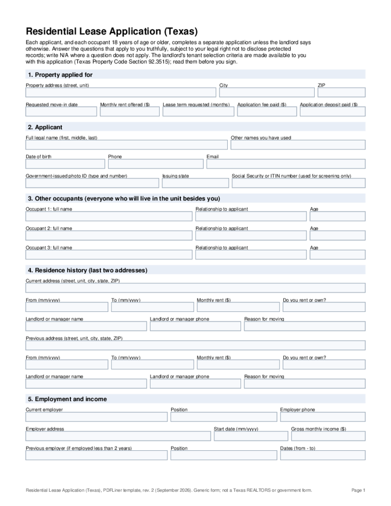 Texas Residential Lease Application