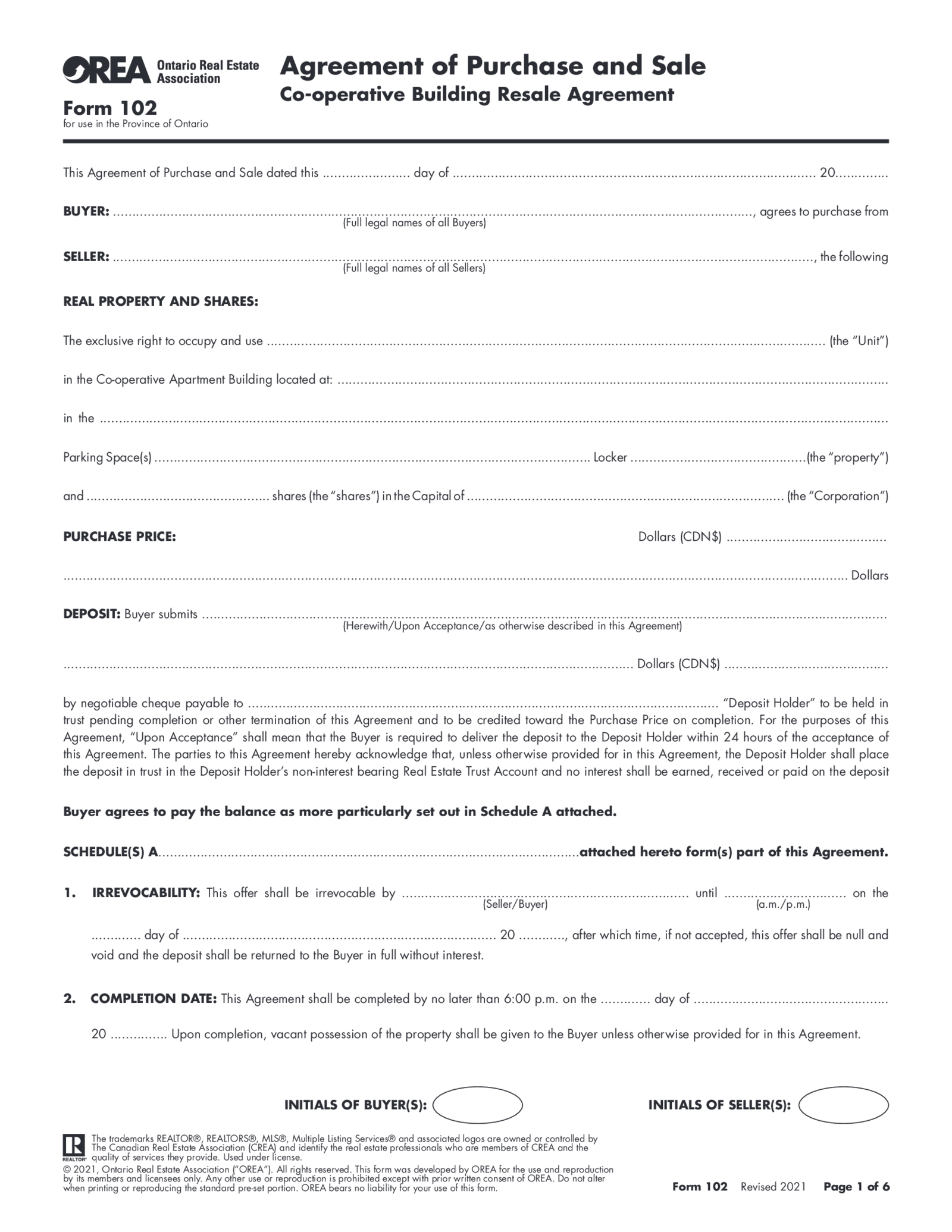 Form 102, Agreement of Purchase and Sale - Thumbnail