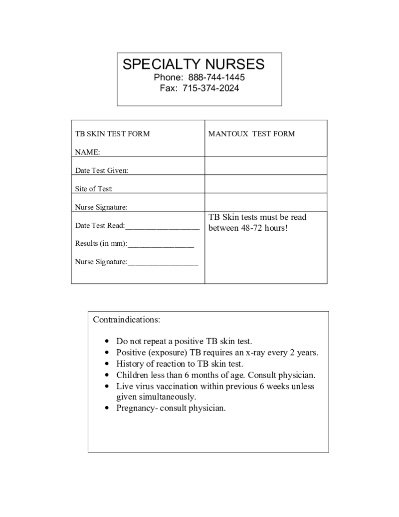 NurseChoice, Tuberculosis Skin Test Form