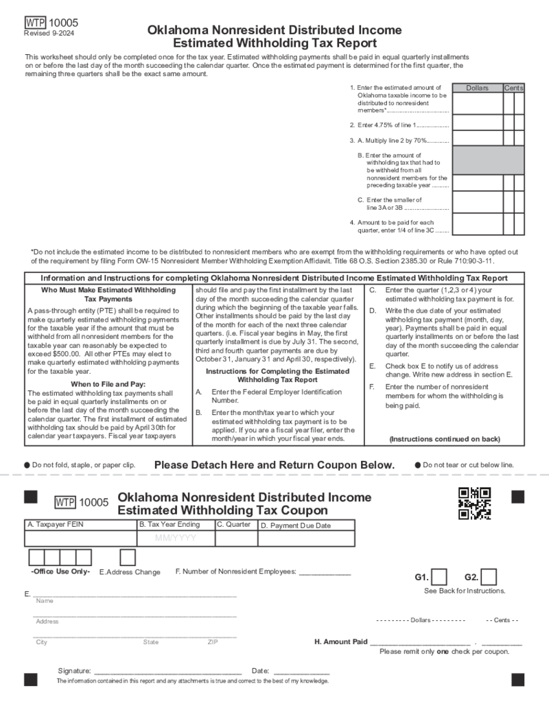 Form WTP-10005 Oklahoma Nonresident Distributed Income Estimated Withholding Tax Report
