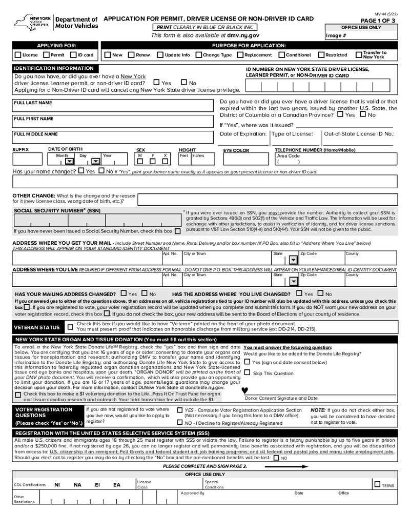 NY DMV MV-44 Form (2022)