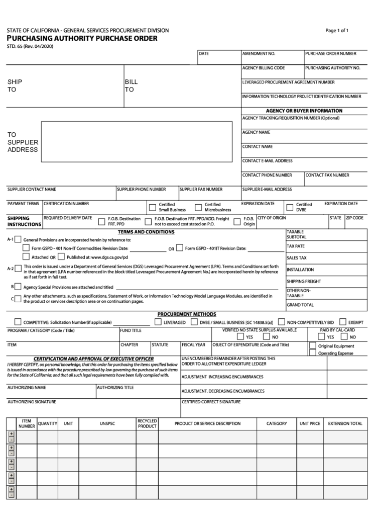 Purchasing Authority Purchase Order - STD 065