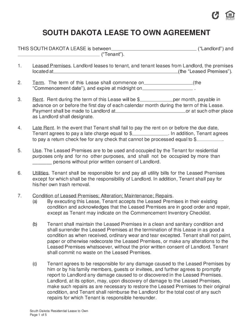 South Dakota Lease to Own Agreement