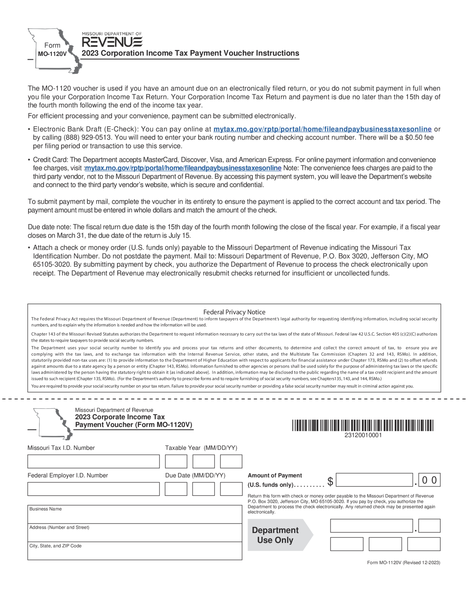 Form MO-1120V - Corporation Income Tax Payment Voucher - Thumbnail