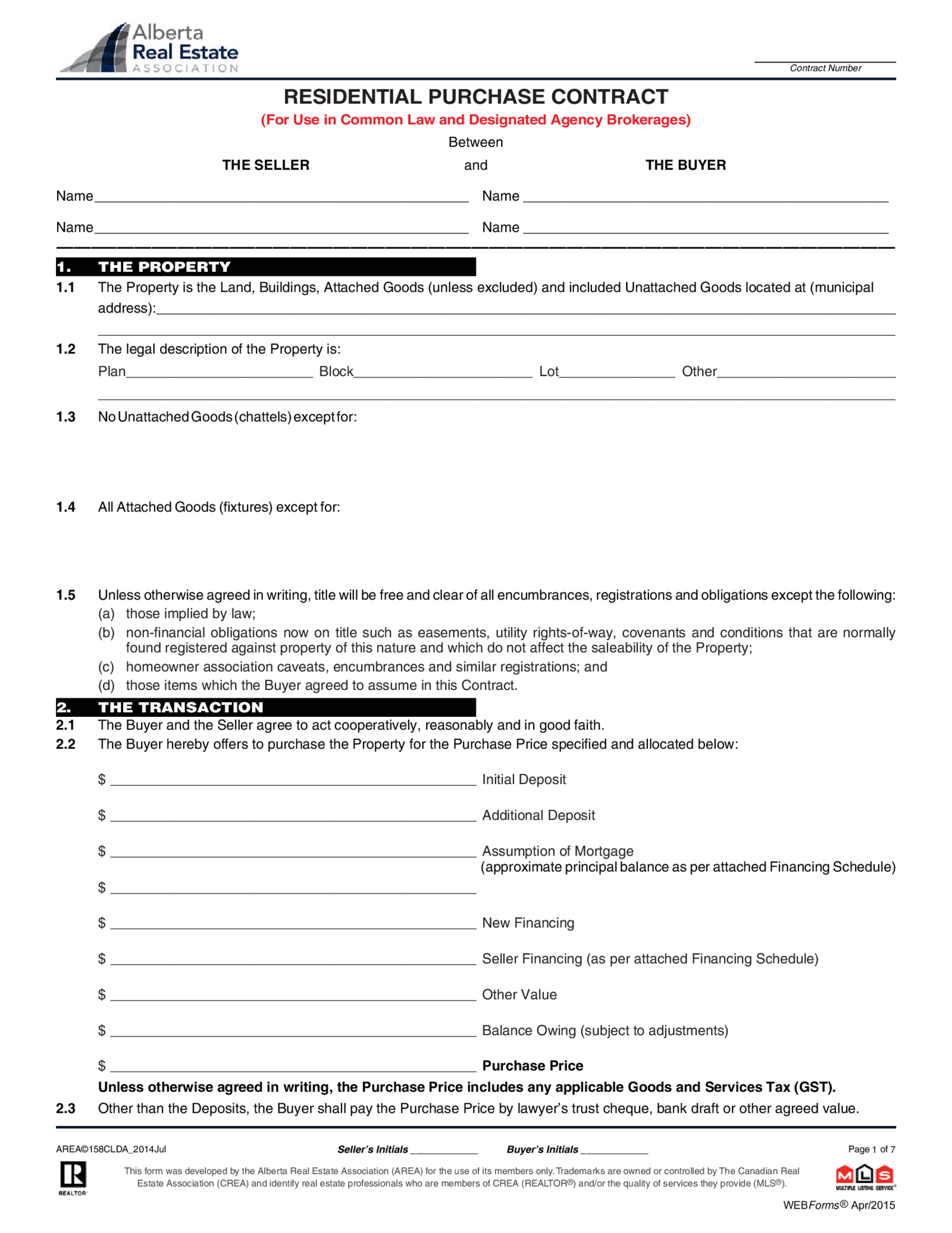 Alberta Residential Purchase Contract - Thumbnail